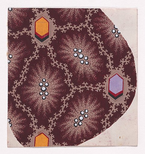 Textile Design with Alternating  Hexagons and Starlike Shapes with Pearls in the Center Framed by a Network of Garlands of Branches