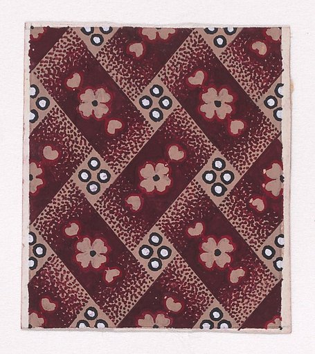 Textile Design with Basketweave Pattern Background, Small Rosettes Flanked by Two Leaves and Pearls