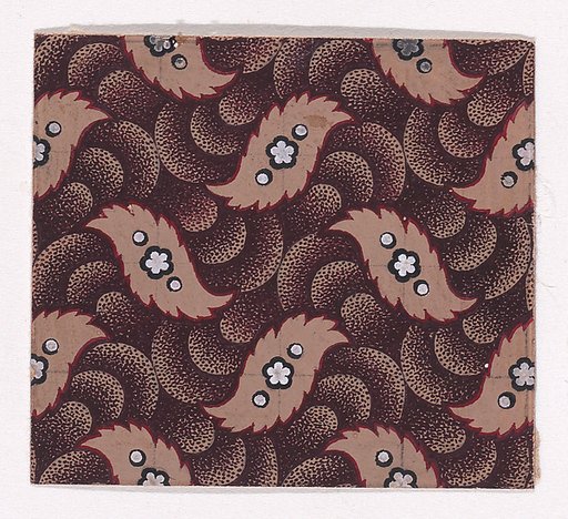 Textile Design with Alternating Rows of Stylized Leaves Decorated with Rosettes and Pearls Over a Pattern of Overlapping Scales
