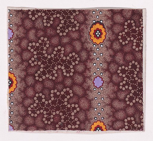 Textile Design with Alternating Vertical Strips of Amoeba Figures and Vertical Garlands Decorated with Rosettes and Pearls Over a Honeycomb Pattern Background