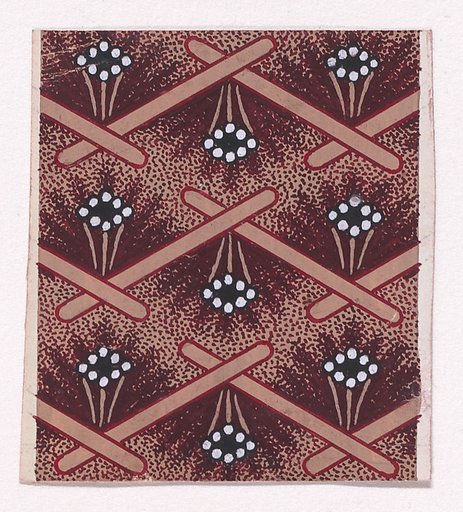 Textile Design with Horizontal Rows of Undulating Garlands and Zig-Zagging Stiff Branches Flanked by Rosettes of Pearls Over a Stippled Background