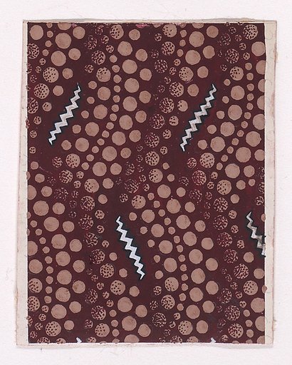 Textile Design with Overlapping Verical Strips of Undulating Rows of Dots and Zig-Zagging Ribbons