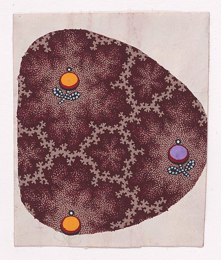 Textile Design with Alternating Rows of Circular Flower Buds on Stems with Two Leaves and Decorated by Pearls Framed with Garlands of Branches