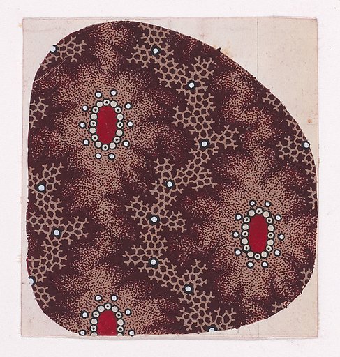 Textile Design with Alternating Vertical Rows of Ovals Bordered with Pearls and Vertical Garlands of Honeycomb Structures Flanked with Offsetting Branches and Decorated with Pearls over a Stippled Background