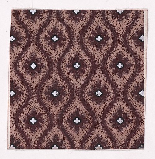 Textile Design with Alternating Vertical Rows of Rosettes with Quatrefoil Shapes in the Center Framed by Undulating Vertical Garlands