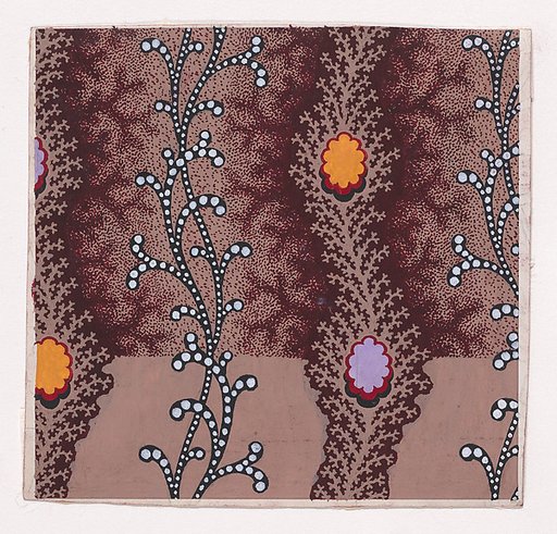 Textile Design with Alternating Vertical Scrolls Decorated with Pearls and Undulating Garlands of Branches Decorated with Rosettes and with Offsetting Branches