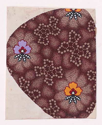 Textile Design with Alternating Vertical Rows of Stylized Flowers Decorated with Pearls and Alternating Rows of Amoeba Shapes Made with Dots over an Abstract Honeycomb Pattern Background