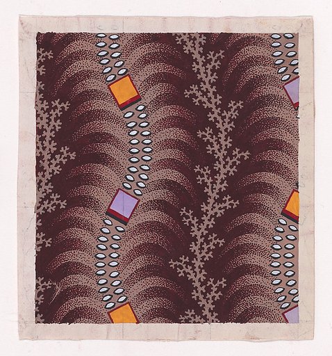 Textile Design with Undulating Vertical Strips of Squares Joined by Lens-Shaped Pearls over Undulating Stylized Palm Leaves Separated by Vertical Garlands of Branches