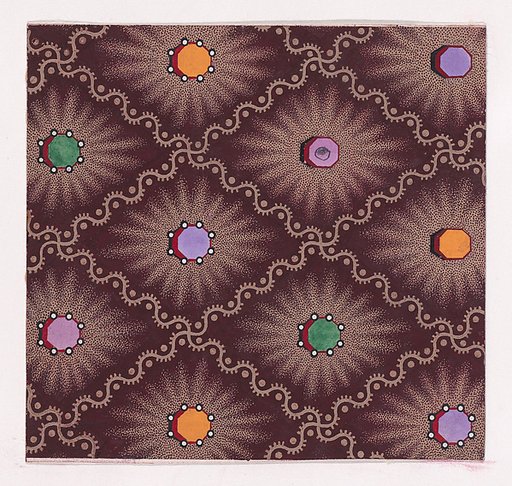 Textile Design with a Pattern of Seamless Lozenges Formed by a Undulating Ribbons with Dots, Decorated with Octagons with Pearls on the Vertices