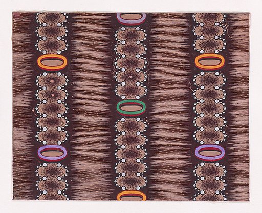 Textile Design with Vertical Garlands Bordered with Pearls Aligned to Form a Pattern of Semicircles Decorated with Oval-Shaped Rings Over a Glitched Background