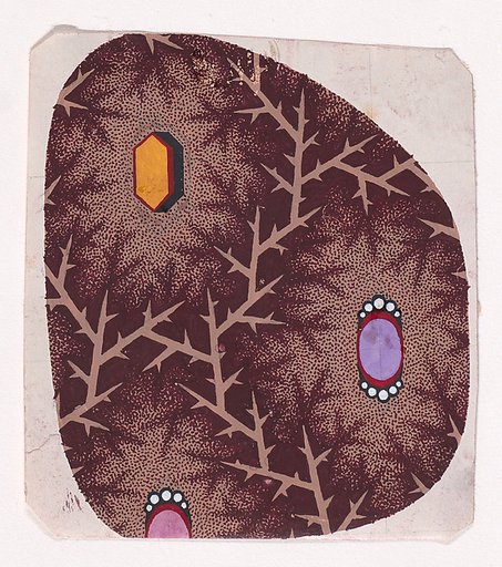 Textile Design with Alternating Rows of Hexagons and Ovals Flanked by Pearls Framed by a Network of Stiff Branches