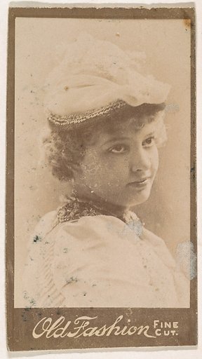 Actress with short hair wearing cap, from the Actresses series (N664) promoting Old Fashion Fine Cut Tobacco