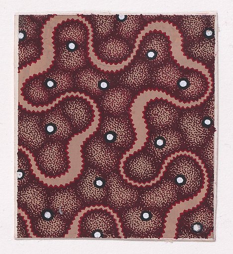 Textile Design with a Ribbon Forming a Vermicular Pattern and Splattered Pearls over an Abstract Honeycomb Pattern