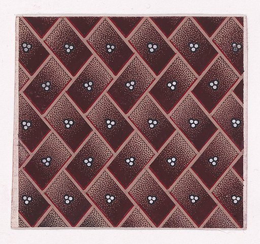 Textile Design with a Tiled Background of Alternating Rectangular Shapes Framed by Ribbons Decorated with Trefoils of Pearls
