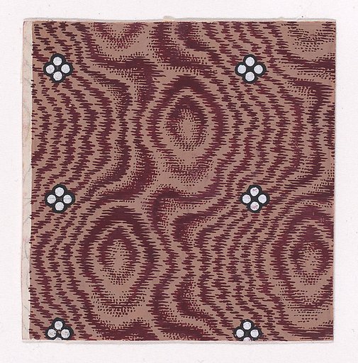 Textile Design with Vertical Strips of Quatrefoils of Pearls Over an Abstract Background that Simulates Tie-Dye