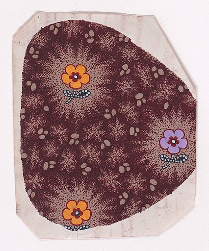 Textile Design of Alternating Vertical Rows of Stylized Flowers on Stems with Two Leaves Decorated with Pearls over a Stippled Background with Star-Like Shapes and Egg-Shapes