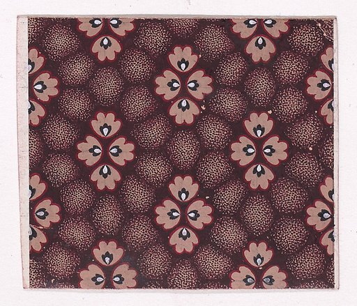 Textile Design with Rosettes with Pearls as Pistils Grouped Together to Form Stylized Flowers over an Abstract Honeycomb Pattern in the Background