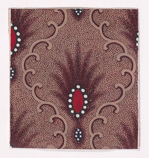 Textile Design with Alternating Rows of Palmettes Decorated with Lens Shapes Bordered with Pearls Separated By Undulating Vertical Scrolls of Ribbons