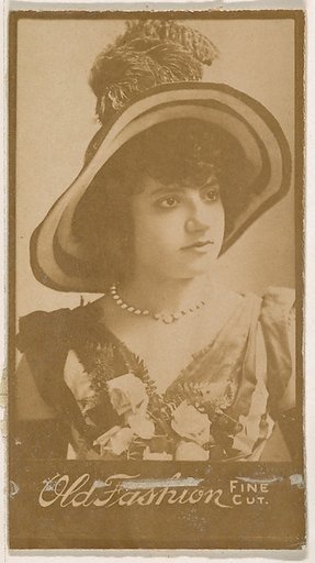 Actress wearing wide-brimmed hat with feathers, from the Actresses series (N664) promoting Old Fashion Fine Cut Tobacco