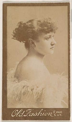 Actress in profile wearing feathered cap, from the Actresses series (N664) promoting Old Fashion Fine Cut Tobacco