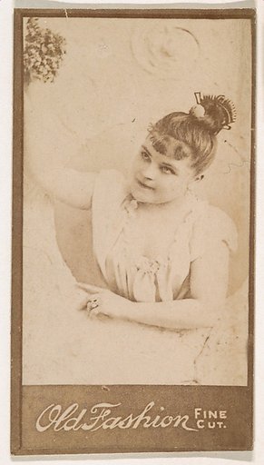 Actress holding bouquet aloft, from the Actresses series (N664) promoting Old Fashion Fine Cut Tobacco