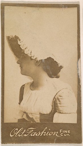 Actress in profile wearing feathered hat, from the Actresses series (N664) promoting Old Fashion Fine Cut Tobacco