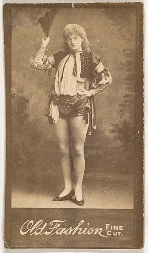 Actress holding hat aloft, from the Actresses series (N664) promoting Old Fashion Fine Cut Tobacco