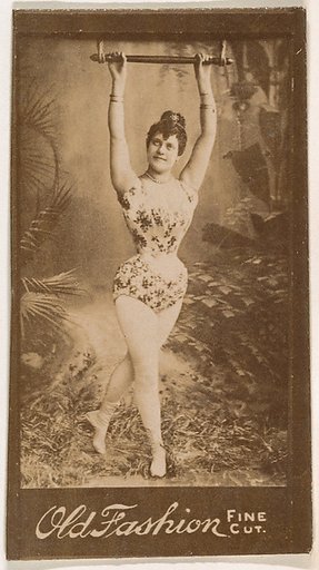 Actress holding onto metal bar above head, from the Actresses series (N664) promoting Old Fashion Fine Cut Tobacco