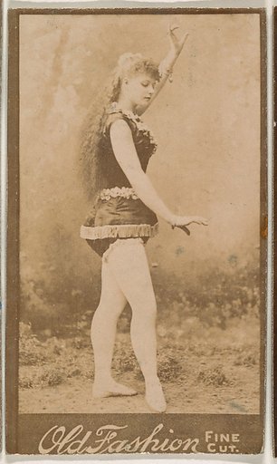 Actress posing with one arm aloft, from the Actresses series (N664) promoting Old Fashion Fine Cut Tobacco