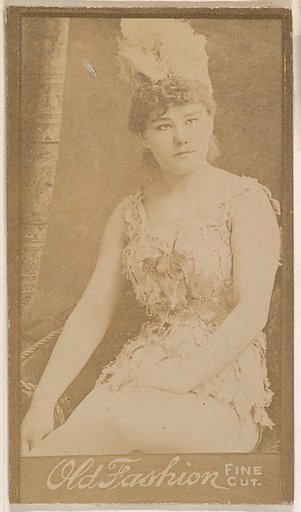 Seated actress wearing feathered hat, from the Actresses series (N664) promoting Old Fashion Fine Cut Tobacco