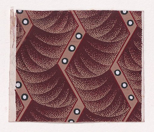 Textile Design with Vertical Strips of Zig-Zagging Ribbons Decorated with Pearls over a Background of Overlapping Scales