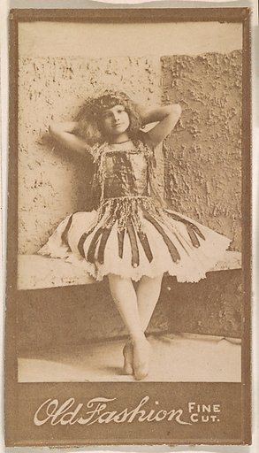 Actress leaning against wall with hands behind head, from the Actresses series (N664) promoting Old Fashion Fine Cut Tobacco