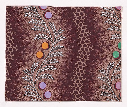 Textile Design with Alternating Vertical Strips of Undulating Honeycomb Pattern with Branch Offsets and Undulating Garlands of Pearls with Alternating Offsetting Wheat Ears and Pairs of Circles