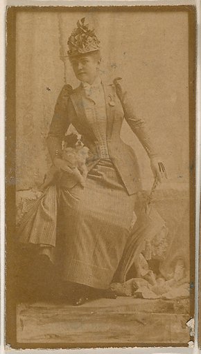 Actress holding dog and parasol, from the Actresses series (N664) promoting Old Fashion Fine Cut Tobacco