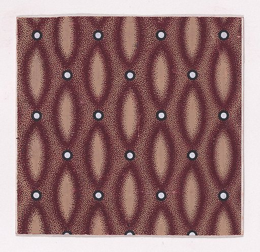 Textile Design with Alternating Vertical Rows of Pearls and Lens Shapes over a Stippled Background