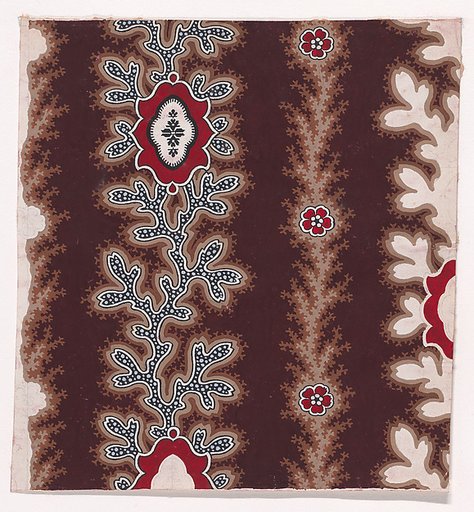 Textile Design with Alternating Vertical Garlands of Stylized Leaves and Branches Decorated with Quatrefoils with an Ornamental Frame and Rosettes with Pearls