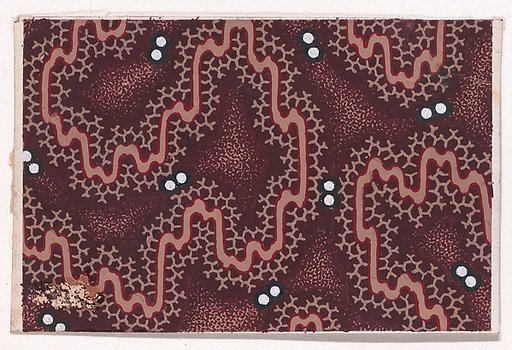 Textile Design with an Undulating Ribbon with Honeycomb Pattern Offsetts and Pearls over a Stippled Background