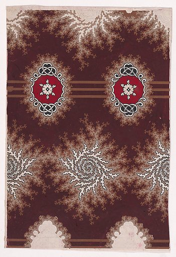 Textile Design with Alternating Horizontal Garlands of Branches with Abstract Swirls and Rosettes Flanked by Stylized Leaves and Framed by an Interlaced Ornamental Motif