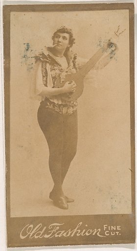 Actress playing mandolin and smoking cigarette, from the Actresses series (N664) promoting Old Fashion Fine Cut Tobacco