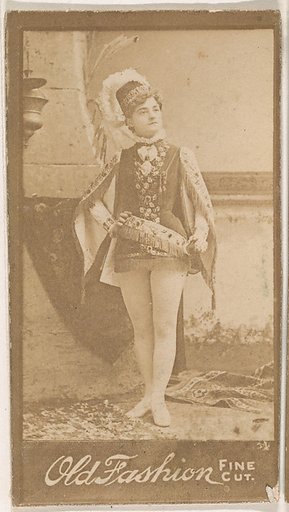 Actress wearing plumed hat and fringed sash, from the Actresses series (N664) promoting Old Fashion Fine Cut Tobacco