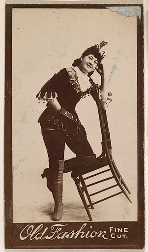 Actress posing on tilted chair, from the Actresses series (N664) promoting Old Fashion Fine Cut Tobacco