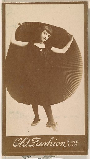 Actress holding up portion of pleated skirt, from the Actresses series (N664) promoting Old Fashion Fine Cut Tobacco
