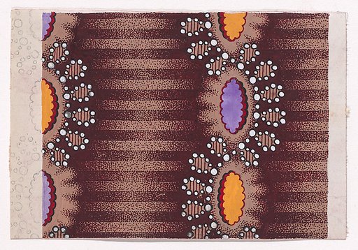Textile Design with Vertical Undulating Strips of Pearls with Alternating Offsetting Stylized Leaves and Rosettes over a Striped Background