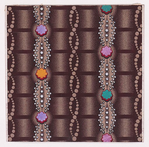 Textile Design with Alternating Vertical Twisting Strips of Dots and Garlands of Pearls and Rosettes over a Striped Background