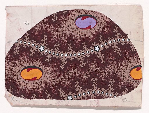 Textile Design with Alternating Rows of Ellipses Containing a Stylized S-Shape Framed by Horizontal Undulating Garlands of Branches with Pearls and Rosettes