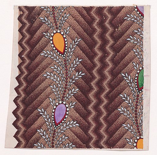 Textile Design with Vertical Undulating Garlands of Pearls and Inverted Teardrops Framed with Pearls with Offsetting Wheat Ears Separated by a Vertical Zig-Zagging Ribbon over a Chevron Background