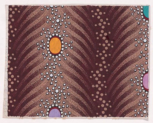 Textile Design with Vertical Undulating Garlands of Pearls and Ovals Framed with Pearls over Undulating Stylized Palm Leaves Separated by Undulating Garlands of Dots