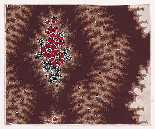 Textile Design with Vertical Rows of Bunches of Stylized Flowers with Pearls as Pistils and Leaves of Decorated with Pearls with Offsetting Branches Separated by Undulating Garlands of Branches Splattered with Pearls