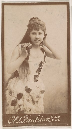 Actress holding apple, from the Actresses series (N664) promoting Old Fashion Fine Cut Tobacco