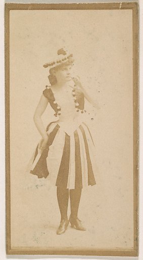 Actress wearing striped skirt, from the Actresses series (N664) promoting Old Fashion Fine Cut Tobacco